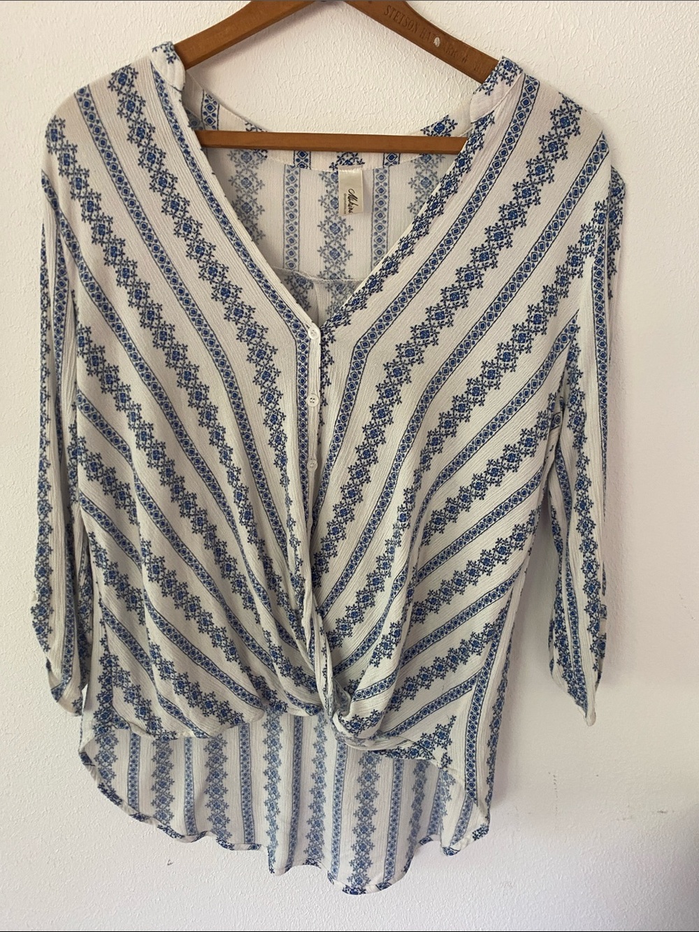 Mahina Hawai’i Women's Blue & White Striped Twist-Front Blouse